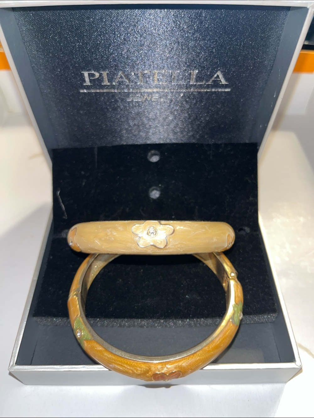 Gold-Tone Floral Enamel Bangle Bracelet - Beige & Amber